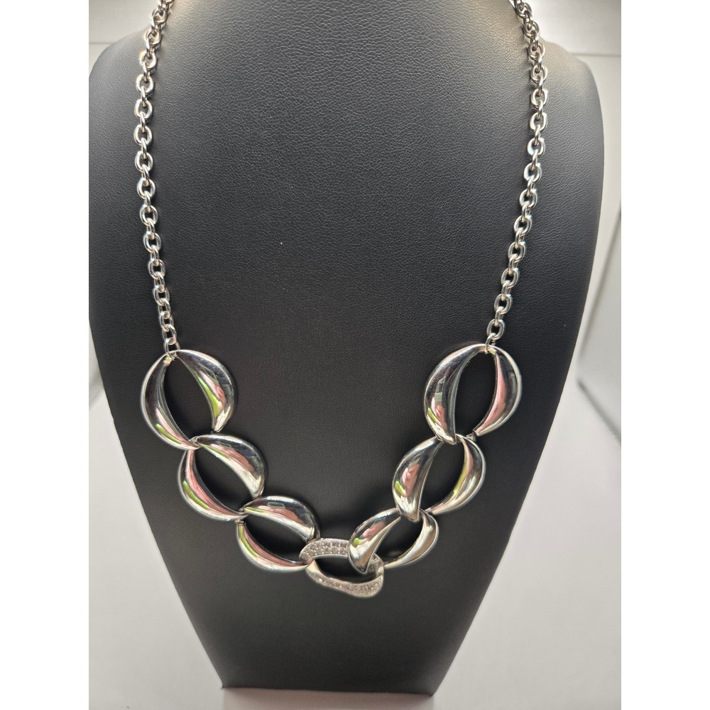 Silver Tone Chunky Graduated Link Statement Necklace Pavé Rhinestone Accent